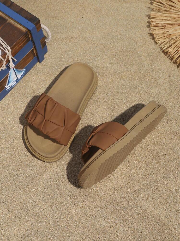 Children's Fashion Slippers Summer New Thick Sole Pleated Design Fashionable Elegant Comfortable Flat Slippers - Brown - View 3