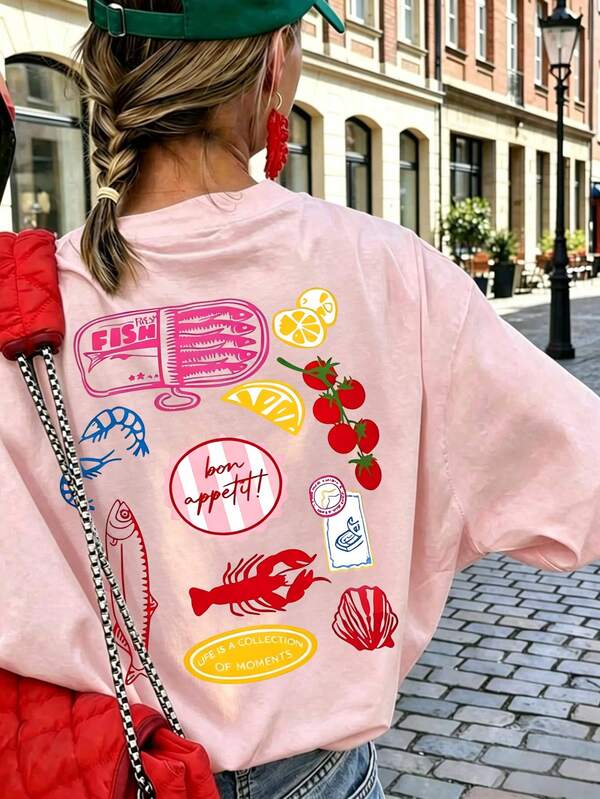 Women's Vintage Seafood Pattern Pink Harajuku Style Short Sleeve Round Neck Casual Loose Fit T-Shirt Summer