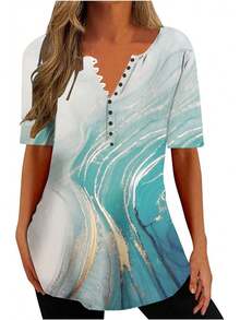 Ceboyel - Camisas Henley con estampado floral para mujer, cuello en V, sexy, casual, de manga corta, blusas elegantes para mujer - Azul #21 - Ver 25