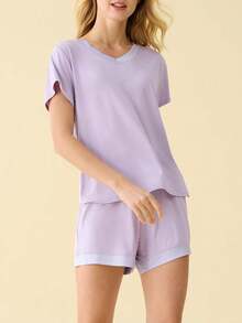 Latuza - Conjunto de Pijama de Manga Corta con Cuello en V para Mujer - Violeta - Ver 7