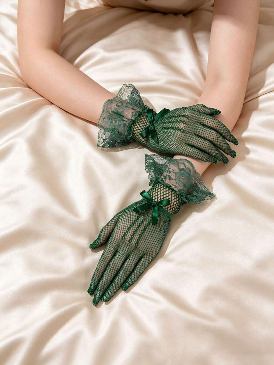 1 Pair Green Lace Gloves, Suitable For Party, Wedding, Opera, Afternoon Tea Gathering And Other Occasions, Also Suitable For Summer Beach. Women's Lace Gloves, Versatile For Daily Wear, Wedding Bride Accessory - Green - View 1