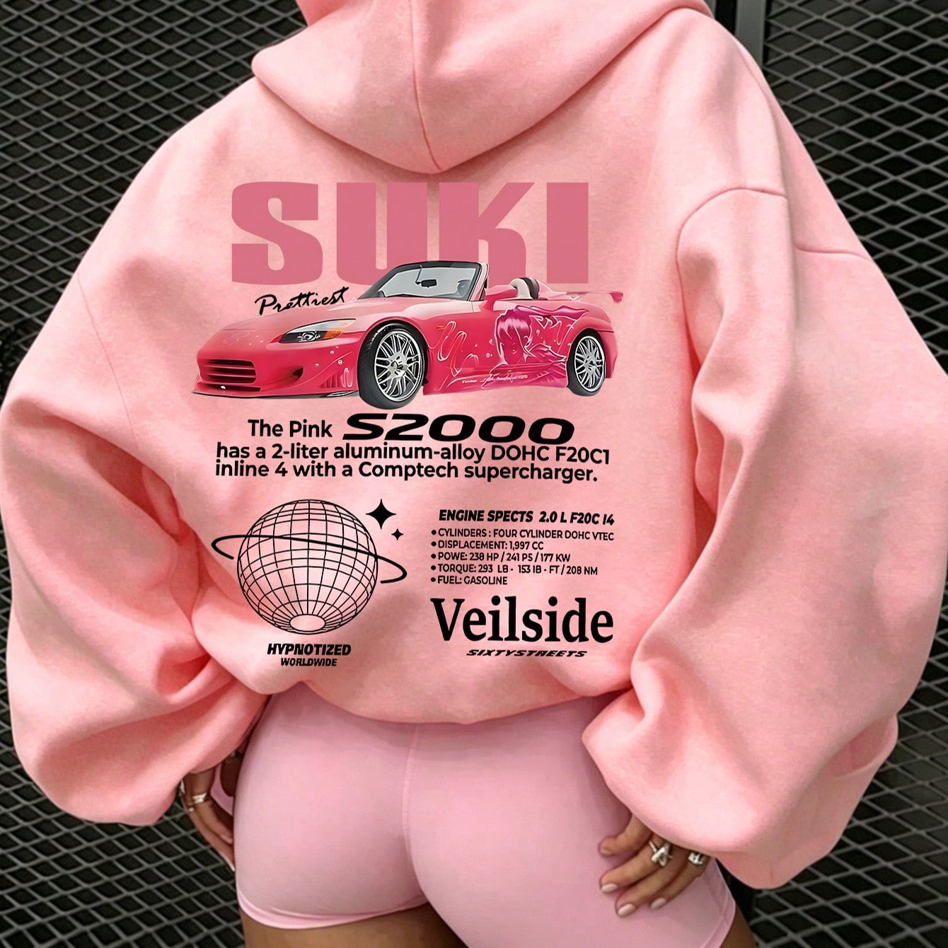 Women's Plus Size Thin Hooded Sweatshirt Long Sleeve Car & Slogan Print Casual Plus Size Fashion Hooded Sweatshirt, Ideal Autumn/Winter Clothing Pink