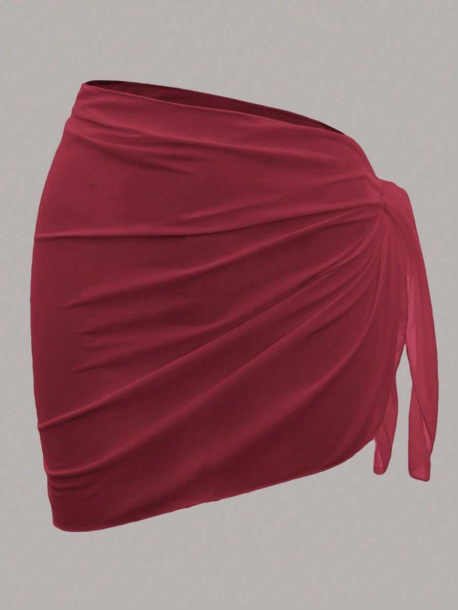 Solid Color Mesh Swim Basics Skirt For Beach And Resort, Ideal For Summer Beach Vacations. XUQA - Red 2 - View 1