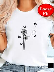 Camiseta de manga corta con cuello redondo y estampado de diente de león y mariposa, top casual de primavera/verano, ropa de mujer de talla grande. - Negro - Ver 10