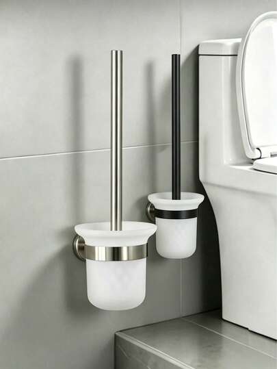 Wall-Mounted Toilet Brush Set With Perforated Design, Frosted Glass Storage Cup With Moisture-Proof Drainage, Easy To Clean, Household Bathroom Toilet Brush, Bathroom Cleaning Tool