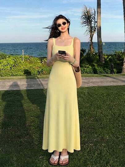 Square Neck Backless Casual Mid-Length Women Knit Dress Summer