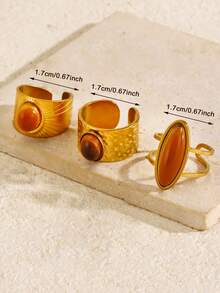 3pcs Stainless Steel 18K Gold Plated Summer Versatile Elegant Luxury Vintage Geometric Gold Oval Ring Set Suitable For Women Daily Wear, Holiday, Beach, Vacation, Party, Travel, Luxury Jewelry Gift - Multicolor - View 4