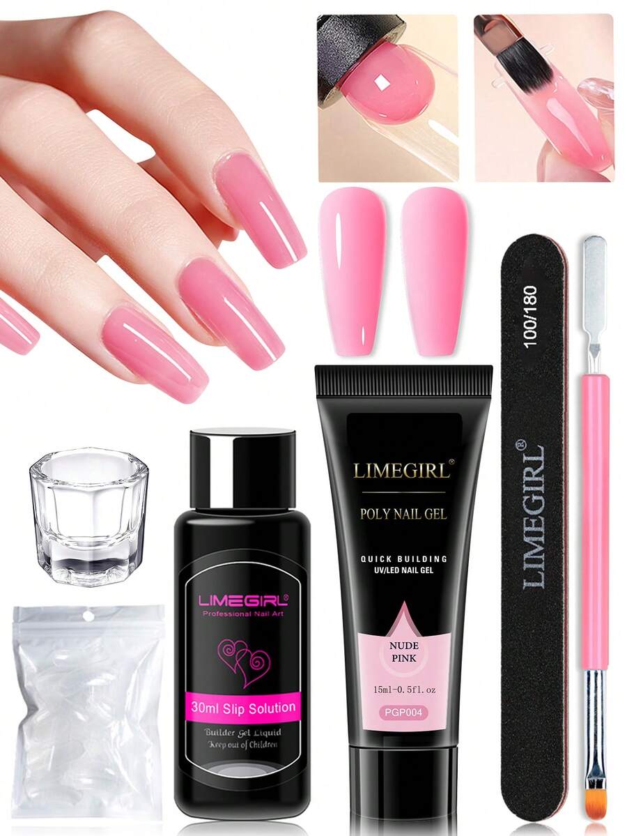 Kit de gel pour ongles LIMEGIRL en polyester doux - 15 ml de gel de base + 30 ml de solution glissante + formes à ongles et outils, ensemble de débutant pour extension rapide de gel UV/LED pour nail art, convient pour manucure maison DIY et salon
