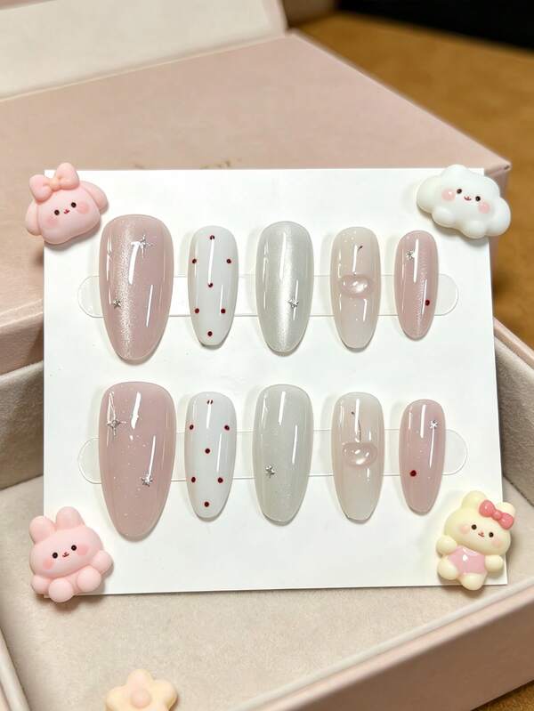 10pcs Almond Shaped Nude Pink To Milky White Gradient Cat Eye Press-On Nails, Sweet Style With Polka Dot Cherry And Star Accents, Fresh And Gentle Design For Students, Sweet Girls, Office Workers, Daily Wear, Study, Campus Life, Dating, Photos, Afternoon Tea, French Ins Style Bridesmaid Look, Beach Party, Travel, Photography, Fake Nails, Includes 1pc Jelly Glue And 1pc Nail File Handmade Press On Nails