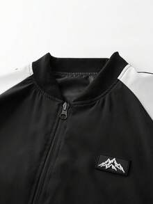 American Retro Minimalist Men's Full Zip Ribbed Cuff Aviator Jacket, Black And White Contrast Color Mountain Logo Detail Flight Jacket - Black - View 7