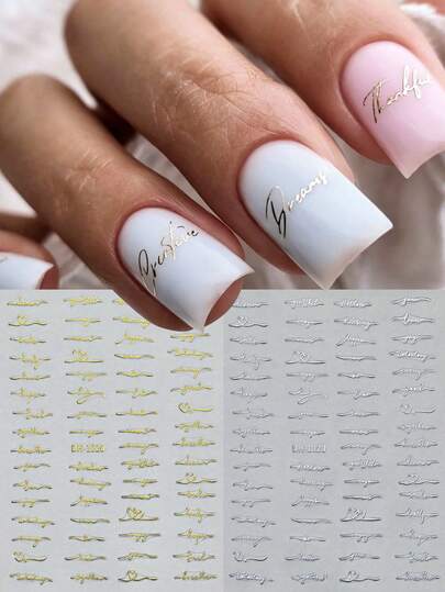 2pcs Golden Silvery English Script Ltalic Letter Nail Stickers Gothic Punk Style String Of Letters Design Nail Art Decals Decorations Charms Manicure Accessories