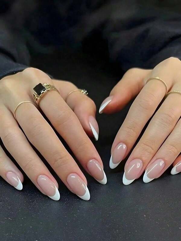 Minimalism Style 24pcs Short Almond White Edge French Press-On Nails, Fake Nail Tips, Nail Stickers, Manicure Set Suitable For Daily Wear, Dates, Afternoon Tea, Outings