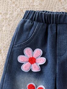 Baby Girl 2pcs Set, Ruffled Collar Pink Waffle Blouse + Gradient Floral Applique Denim Pants, Sweet Style For Spring/Autumn - Pink - View 8