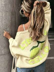 Women's Long Sleeve Knit Cardigan, Contrast Color Print, Casual Loose V-Neck Button-Up Sweater Jacket, Autumn/Winter - Yellow - View 1