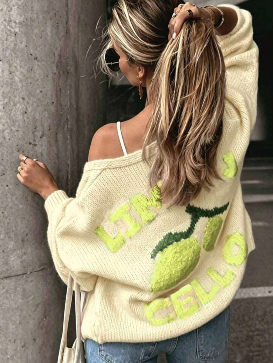 Women's Long Sleeve Knit Cardigan, Contrast Color Print, Casual Loose V-Neck Button-Up Sweater Jacket, Autumn/Winter - Yellow - View 1