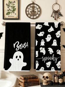 2 Stück Halloween Servietten, Küchentücher mit Geistermuster, Küchentuch-Set, Frottee, Halloween Dekoration, Halloween Party Deko, Halloween Süßigkeiten oder Trick Deko, fröhliche Halloween Dekoration, Küchenutensilien, Reinigungsbedarf, Küchenartikel, Küchenorganisation - mehrfarbig - Übersicht 2