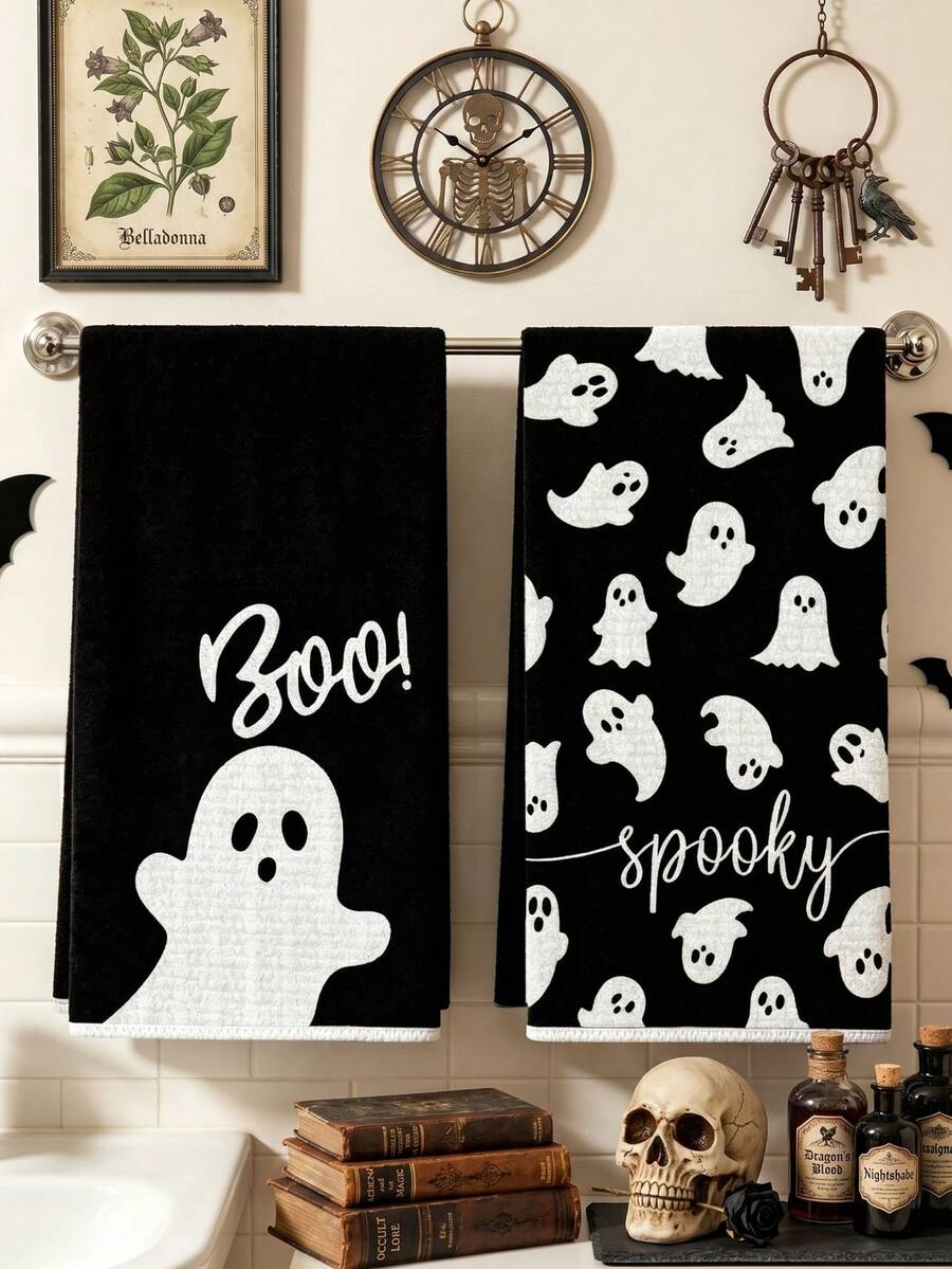 2 Stück Halloween Servietten, Küchentücher mit Geistermuster, Küchentuch-Set, Frottee, Halloween Dekoration, Halloween Party Deko, Halloween Süßigkeiten oder Trick Deko, fröhliche Halloween Dekoration, Küchenutensilien, Reinigungsbedarf, Küchenartikel, Küchenorganisation