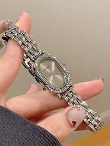 1pc Gold/Silver Square Bamboo Pattern Quartz Watch, Suitable For Daily Wear, Birthday Gift, Christmas Gift - Silver - View 2