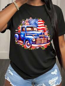 1 pieza Camiseta de Mujer Casual de Corte Holgado con Cuello Redondo, Azul, Estampado Floral de Bandera Americana Vintage, Patriótica, para Celebración del Día de la Independencia, Atuendo d - Negro - Ver 1