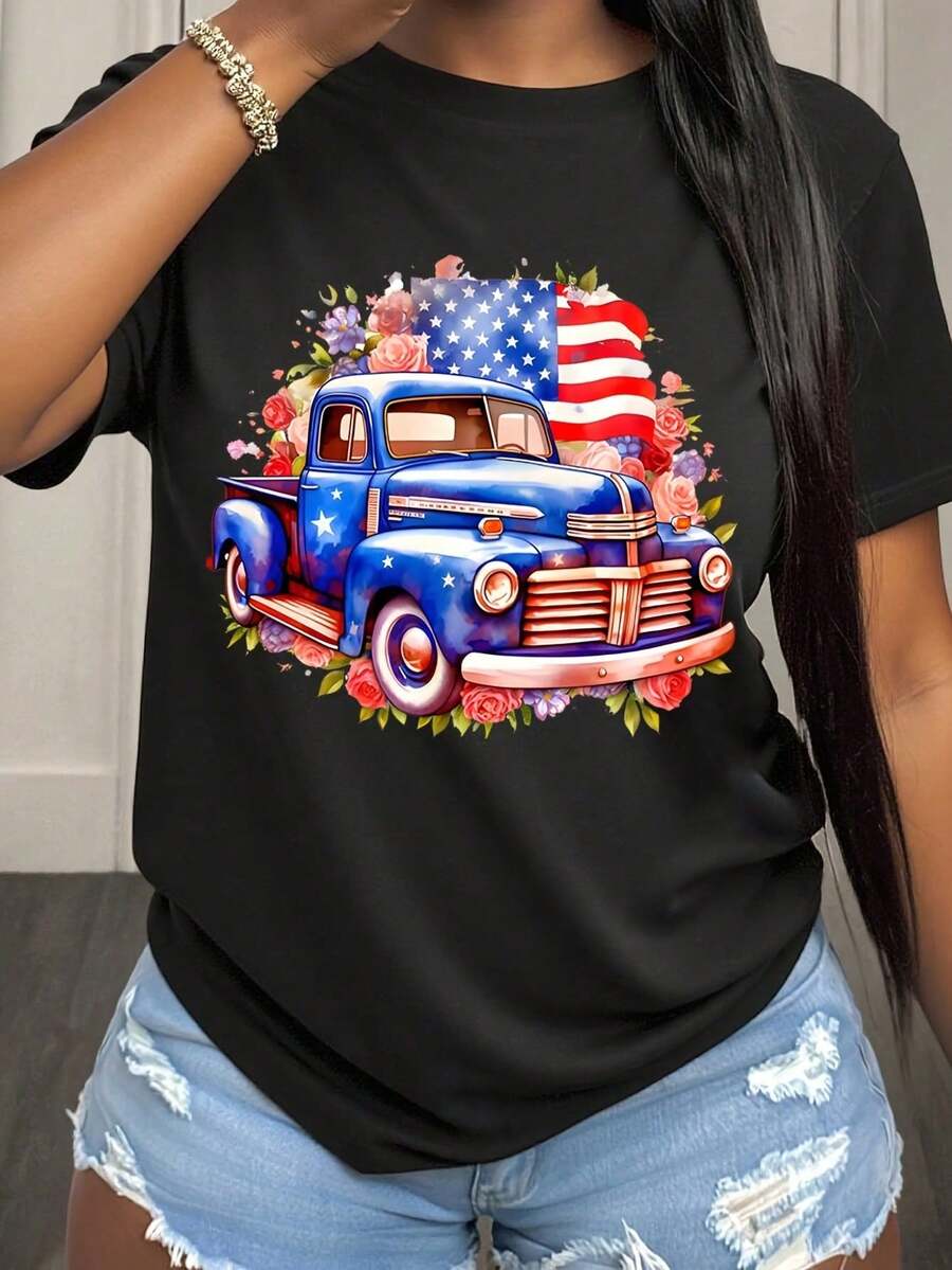 1 pieza Camiseta de Mujer Casual de Corte Holgado con Cuello Redondo, Azul, Estampado Floral de Bandera Americana Vintage, Patriótica, para Celebración del Día de la Independencia, Atuendo d - Negro - Ver 1