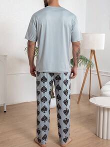 Men's Plus Size Fashion Pajama Set, Summer Round Neck Pullover Simple Thin Short Sleeve Long Pants Comfortable Casual Homewear - Multicolor - View 4
