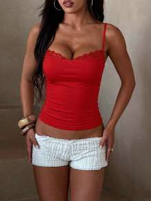 Top de tirantes de mujer de unicolor de verano con encaje de contraste - Rojo - Ver 3
