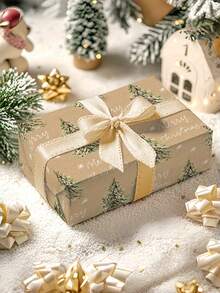 1 Roll Of Christmas Gift Wrapping Paper Featuring A Christmas Tree And Snowflake Pattern; Made Of Kraft Paper; Dimensions: 43 Cm X 300 Cm (17 Inches X 9.84 Feet); Suitable For Christmas Gift-Giving, Christmas Party Decorations, And Gift Wrapping. - A - View 9