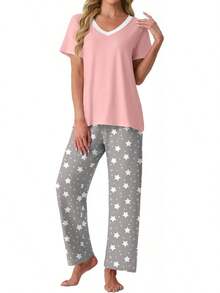 PrinStory - Conjunto de pijama suave de 2 piezas para mujer, conjunto de pijama casual de manga corta con bolsillos - Cuadros marrones y blancos - Ver 16