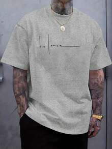 Plus Size Men's 100% Cotton T-Shirt with Balance Line Art & Minimalist Cursive Lettering - Light Grey Casual Short Sleeve Round Neck Tee for Casual At - Schwarz - Übersicht 6