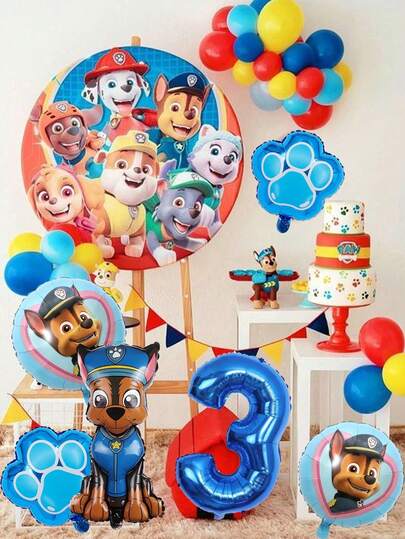 Paw Patrol Birthday Themed Aluminum Foil Decor Kit, Blue Chase Shaped Paw Print & Digit Balloons, Universal Ornaments For Grad Back To School Xmas Halloween Birthday Holiday Celebration