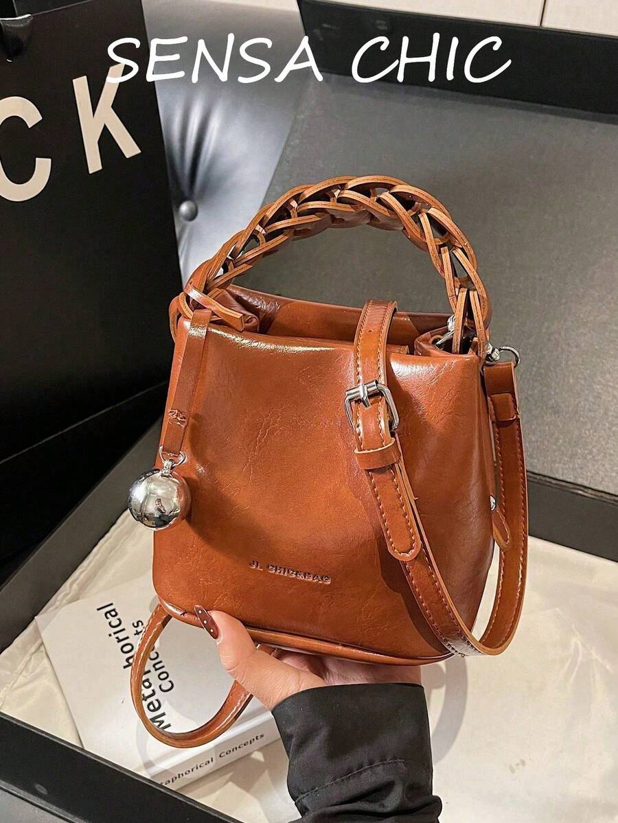 Bolso cuadrado portátil de material de PU impermeable con diseño de patrón de letras, decoración con colgante de metal, bolso elegante portátil preparado, bolso de negocios y viajes, adecuad - Albaricoque - Ver 1