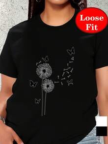 Camiseta de manga corta con cuello redondo y estampado de diente de león y mariposa, top casual de primavera/verano, ropa de mujer de talla grande. - Negro - Ver 4