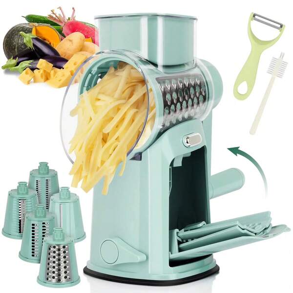 TOIAMOI Hand Rotary Cheese Grater With 10 Blades, Peerler & Cleaning Brush With Blade Storage, Easy To Clean Detachable Mandoline Slicer Vegetable, Fruit, Strong Suction Base Kitchen