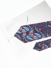 1 pieza Corbata de hombre con base burdeos y estampado paisley azul & blanco con flores de anacardo jacquard, estilo vintage británico para negocios, formal, novio, boda y banquete, corbata de traje anudada a mano - Base de color rojo vino con flores de anacardo de estampado paisley azul y blanco. - Ver 4
