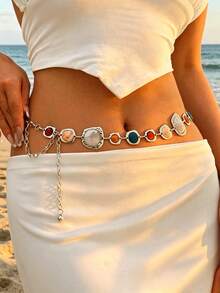 1pc Bohemian Style Colorful Geometric Asymmetrical Inlaid Stone Chain Waist Chain, Personalized Gorgeous Court Style Women's Body Chain Waist Chain, Versatile Waist Chain Accessory To Match Dresses And Tops, Gift For Best Friends - Silver - View 1
