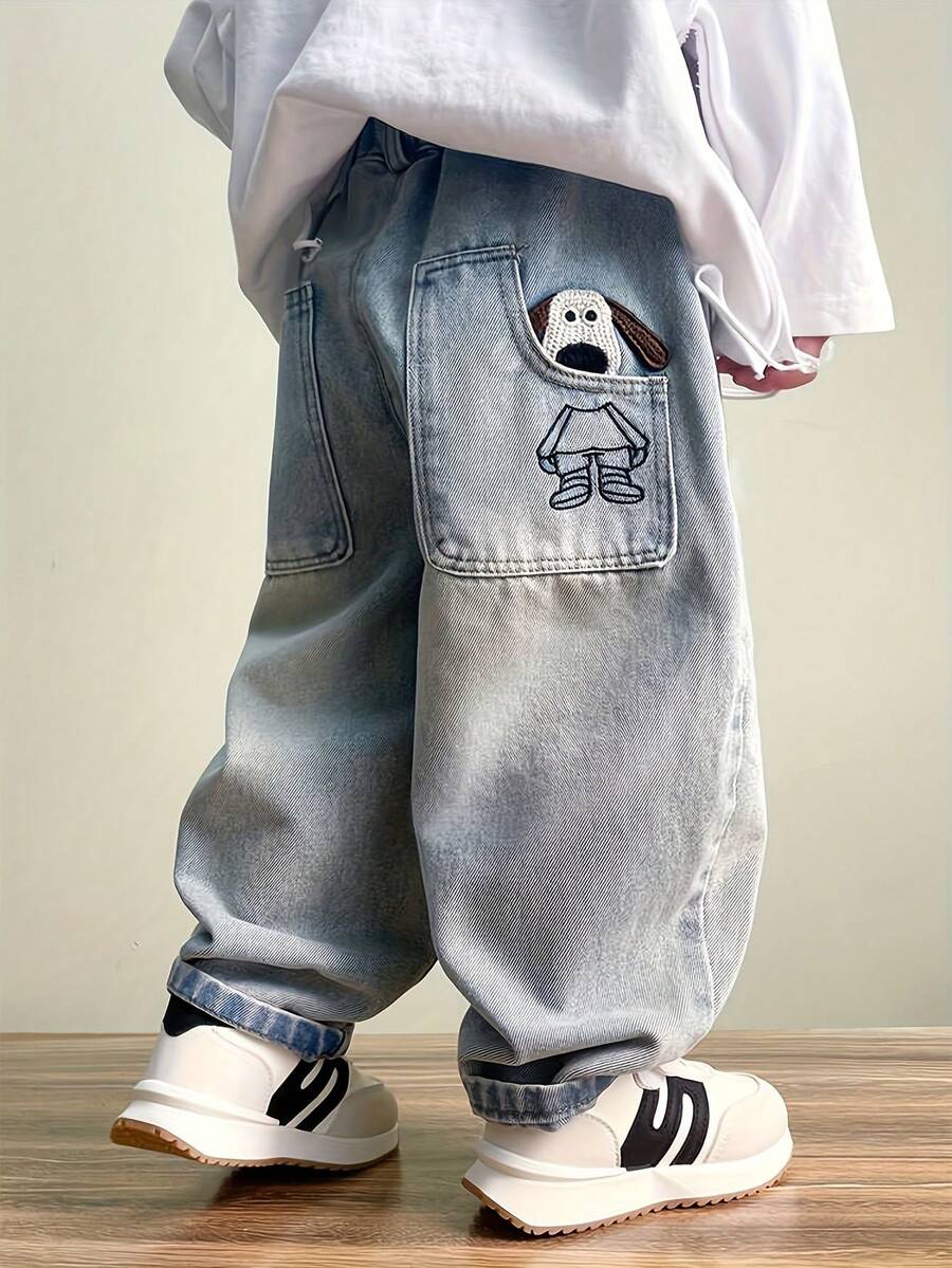 Boys' Light Blue Washed 3D Puppy Embroidery Elastic Waist Wide Leg Denim Jeans, Soft Loose Casual Long Pants For Kids - Light Wash - View 1