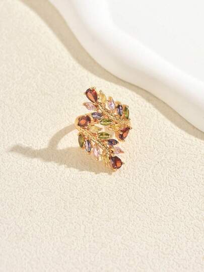 1pc Vintage Luxury Full-Pave Colorful Synthetic Zirconia Wheat & Leaf Ring, Suitable For Women's Banquet And Wedding Wear