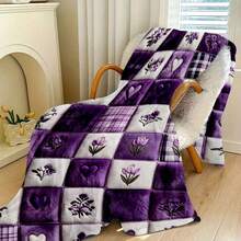 Autumn/Winter Flannel Heart & Floral Patchwork Blanket, Soft Skin-Friendly Double-Sided Flannel Throw, All-Season Use For Bedroom, Living Room, Sofa, Office Nap, Romantic Purple Heart Embroidery + Floral Print Patchwork Design, Gentle Healing Atmosphere, Fine Plush Lock-In Warmth, Non-Irritating, Suitable For Home Leisure/Office Break/Travel, Women's Day Gift - Multicolor - View 5