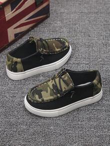 1 Pair All-Season Campus Slip-On Kids' Camouflage Patchwork Breathable Canvas Loafers With Elastic Lace-Free Design, Non-Slip Soft Sole, Lightweight Flat Casual Sports Shoes For School - Black - View 7