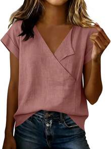 JOAU - Camisetas de algodón y lino para mujer, estilo casual, manga corta, cuello en V, holgadas, ligeras, de gasa - Gris - Ver 10