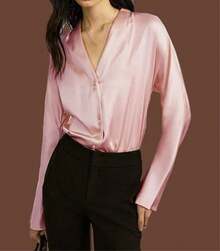 Blusa de seda con cuello en V para mujer, de manga larga, formal, brillante - Azul - Ver 2
