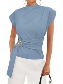 - Blusas de primavera para mujer, con cuello falso, para trabajo, con hebilla, para verano, negocios, casual, 2026 - Azul - Ver 19