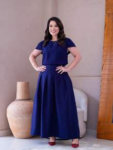 Lindo Conjunto Saia Blusa Sensorial Evangelica Elegante - Azul Marinho - Visão 4