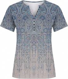 Ceboyel - Camisas Henley con estampado floral para mujer, cuello en V, sexy, casual, de manga corta, blusas elegantes para mujer - Multicolor #2 - Ver 4