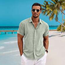 Camisas De Manga Corta con Botones para Hombre,Hombre Camisa Casual Manga Corta con Botones Ocultos,Adecuada para Playa,Trabajo,Cita. - Negro - Ver 7