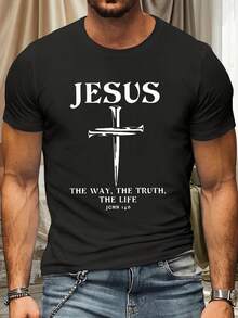 Oversized Men'S Casual Short-Sleeve T-Shirt Featuring A Banner Design - 黑色 - 查看 6