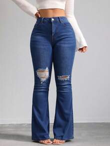Floor-Length, High-Waisted Flare Trousers With One-Sided Rips At The Knees, High Elasticity, Fitted, Available In Multiple Shades, Retro Flowy Drape - Medium Wash - View 2