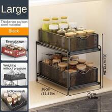 1pc Large Capacity Pull-Out Rust-Proof Coated Iron Storage Basket, Modern Pure Black Rectangular Mesh Wavy Handle 2-Tier Drawer Storage Rack, Suitable For Kitchen Cabinets, Storage Rooms, Bathroom Sink, All-Season Home Use - View 11