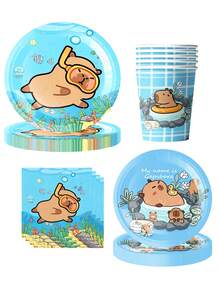 50pcs Cute Cartoon Summer Blue Swimming Capybara Dolphin Theme Party Supplies Set - Cute Plate & Paper Cup Napkins, Birthday Party Supplies, Baby Baptism, Festival Party Supplies, Friends' Party And Theme Celebration Party Decoration Essential Items - A - View 1