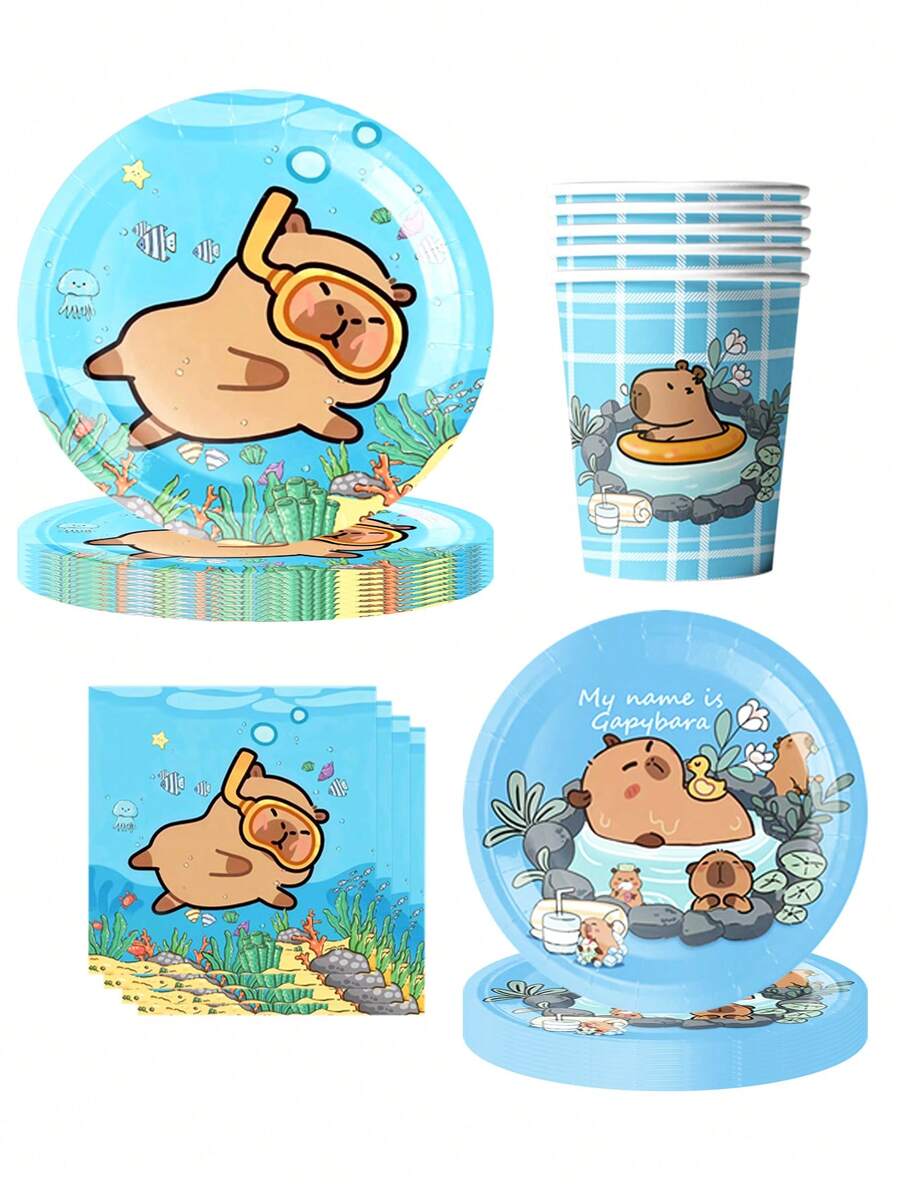 50pcs Cute Cartoon Summer Blue Swimming Capybara Dolphin Theme Party Supplies Set - Cute Plate & Paper Cup Napkins, Birthday Party Supplies, Baby Baptism, Festival Party Supplies, Friends' Party And Theme Celebration Party Decoration Essential Items - A - View 1